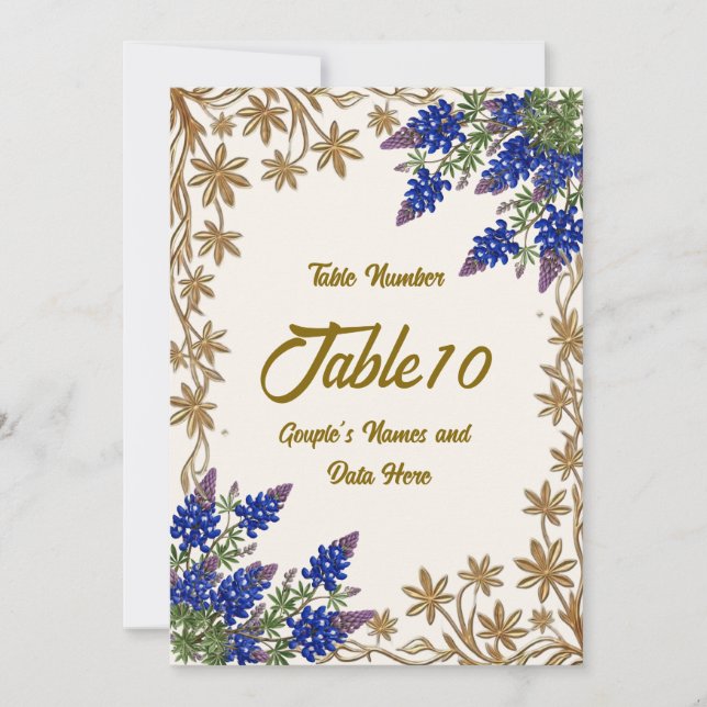 Numéro de table de mariage en or floral Bleuet du  (Devant)