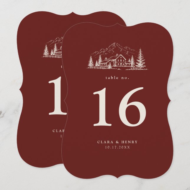 Numéro de table de mariage en pin burgundy découpé (Devant / Derrière)