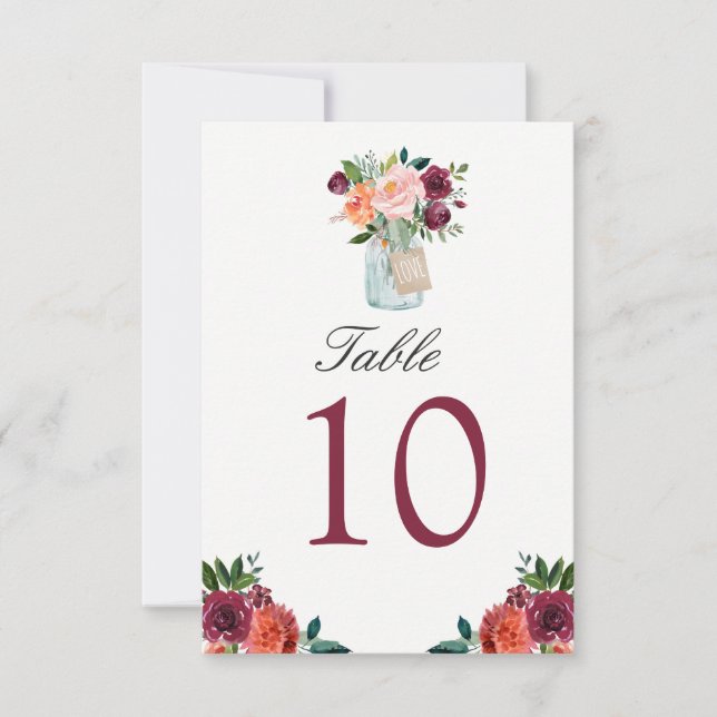 Numéro de table de mariage en pot Mason avec fleur (Devant)