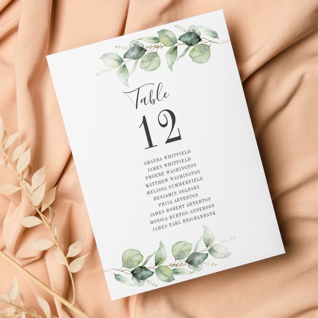 Numéro de table de mariage Eucalyptus avec noms de (Watercolor Eucalyptus Wedding  Reception Table Number Card)