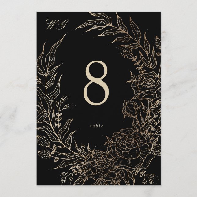 Numéro de table de mariage Fleurs dorées noires 5  (Devant)