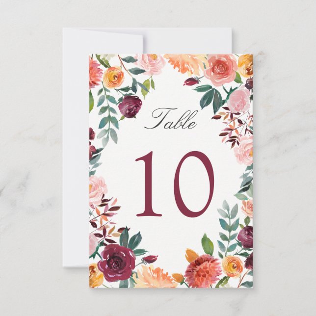 Numéro de table de mariage Fleurs roses Burgundy B (Devant)
