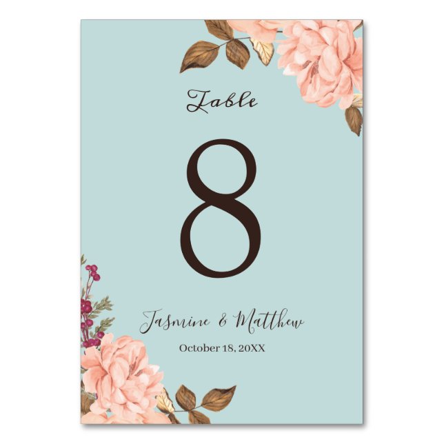 Numéro de table de mariage floral Aqua Blue Blush (Par défaut)