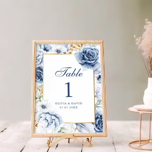 Numéro de table de mariage floral bleu et or moder