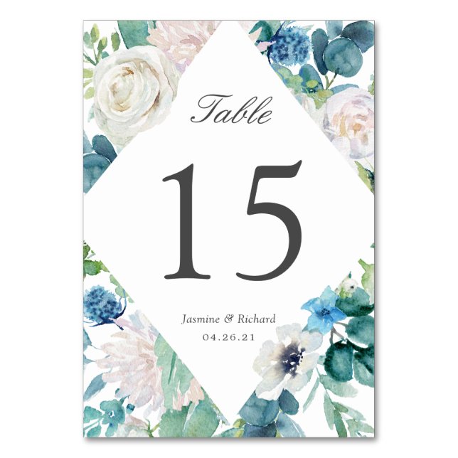 Numéro de table de mariage floral bleu sauge (Dos)