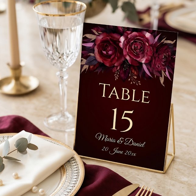 Numéro de table de mariage floral bordeaux (Burgundy Floral Wedding Table Number)