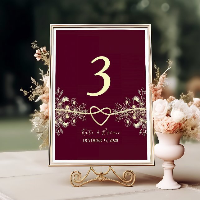 Numéro de table de mariage floral bordeaux élégant (Créateur téléchargé)