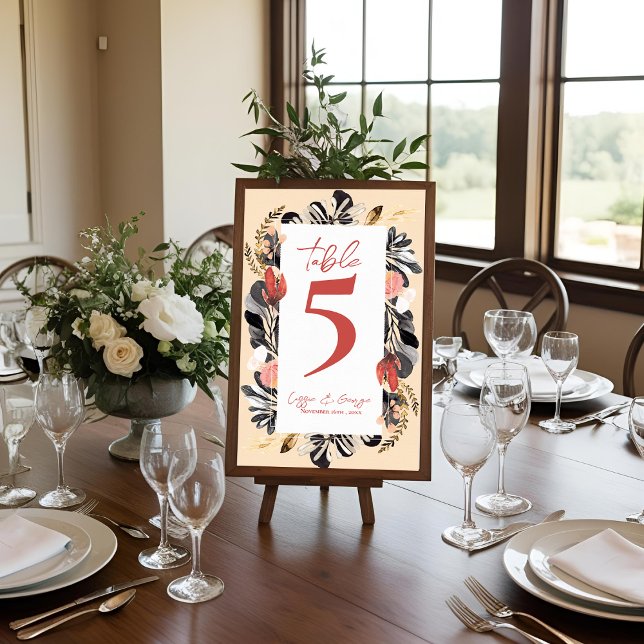 Numéro de table de mariage floral botanique noir e (Blush Black Floral Botanical Wedding Table Number Card
)