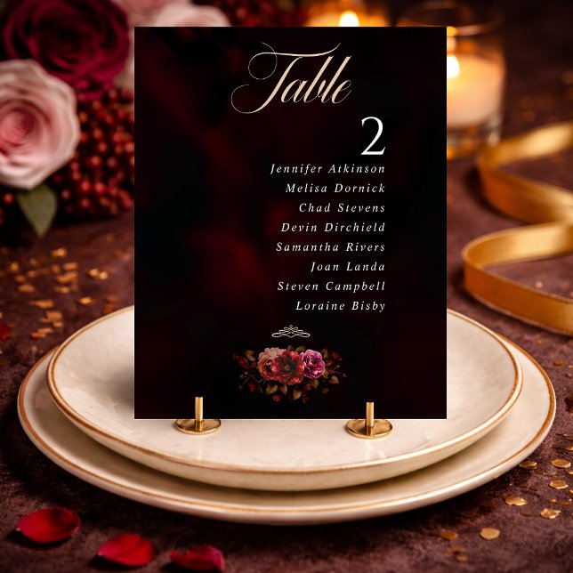 numéro de table de mariage floral chic rouge noir  (Créateur téléchargé)