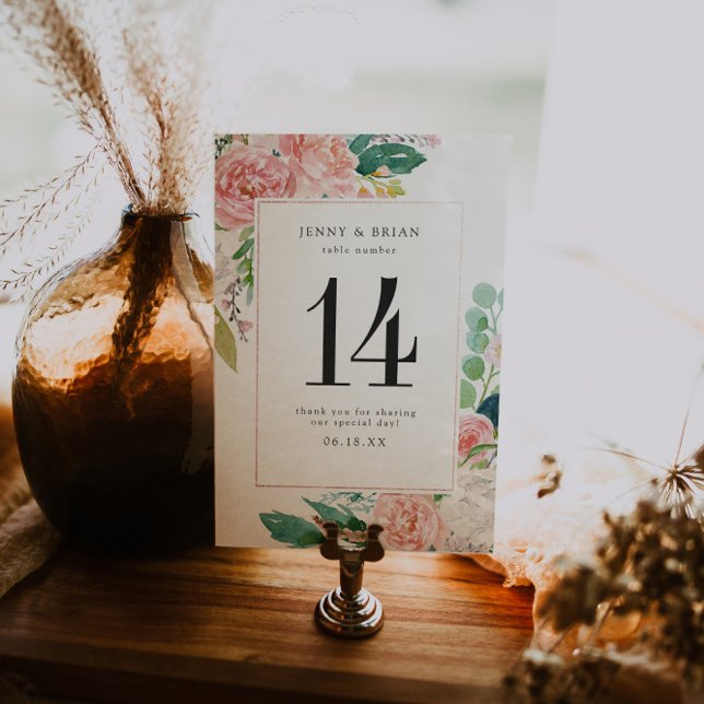 Numéro de table de mariage floral d'été rougissant (Créateur téléchargé)