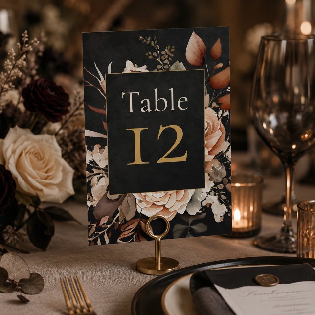 Numéro de table de mariage floral noir de sorcière (Forest Witch Black Floral Wedding Table Number)