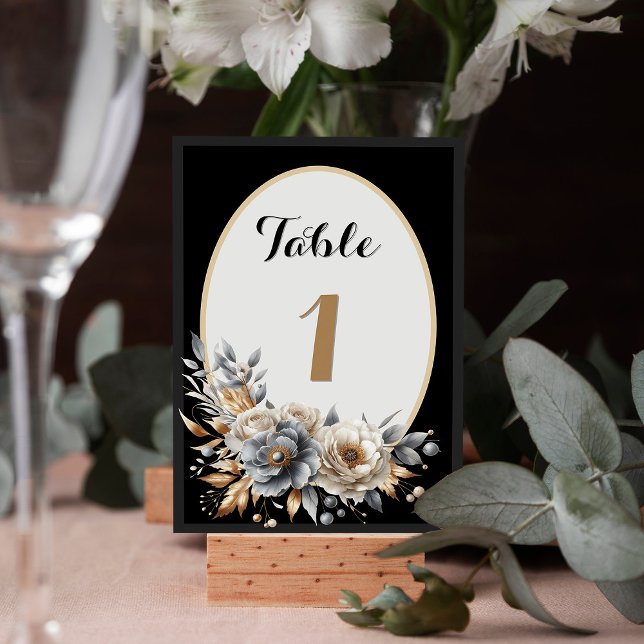 Numéro de table de mariage floral noir élégant en  (Elegant Black Gold Floral Wedding Table Number Card)