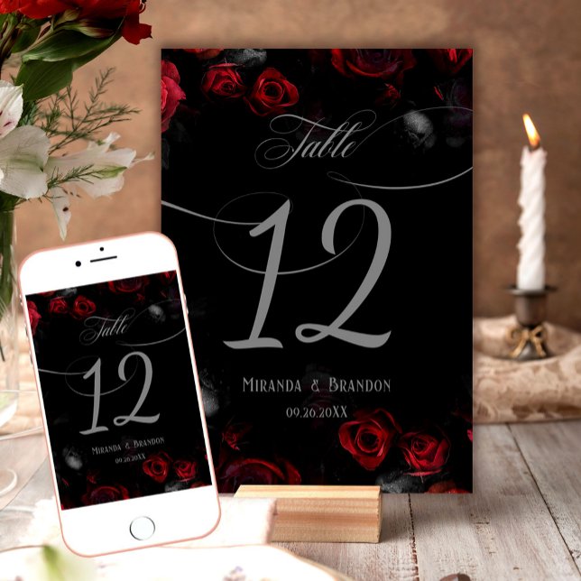 Numéro de table de mariage floral noir et rouge él (Créateur téléchargé)