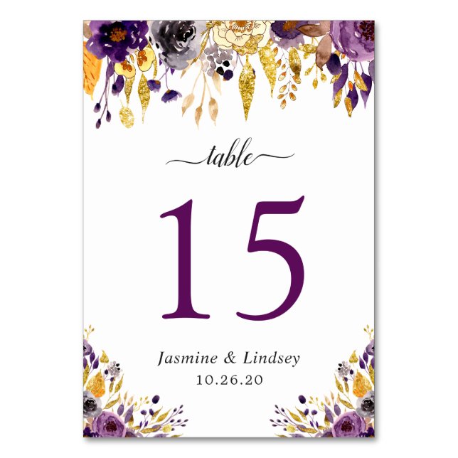 Numéro de table de mariage floral or violet (Par défaut)