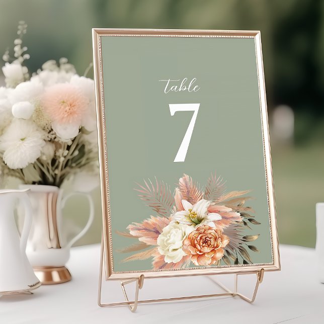 Numéro de table de mariage floral pêche vert sauge (Créateur téléchargé)
