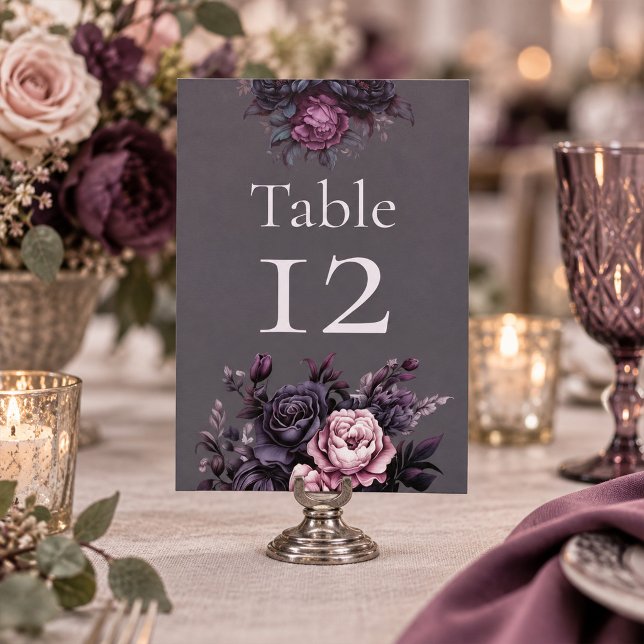 Numéro de table de mariage floral prune gothique (Gothic Plum Floral Wedding Table Number)