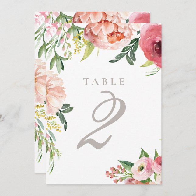 Numéro de table de mariage floral rose pivoine (Devant / Derrière)