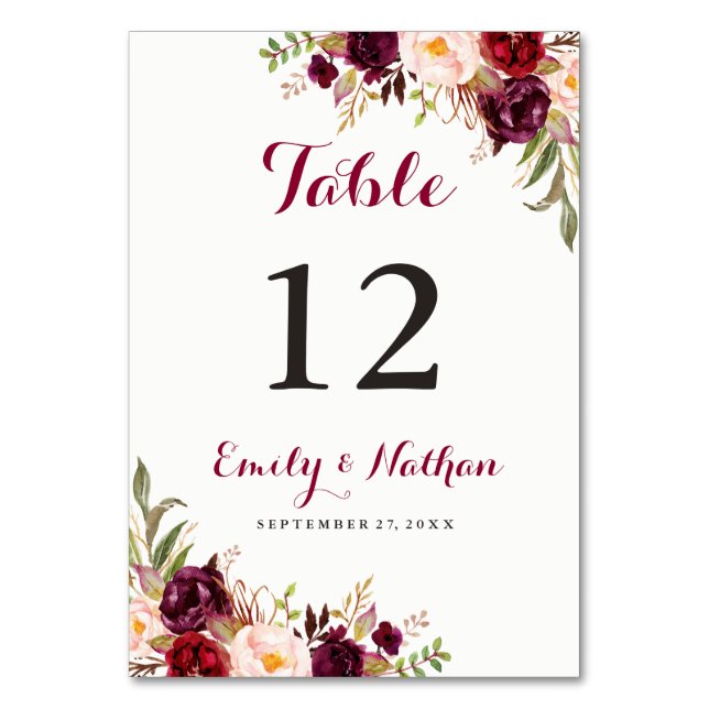 Numéro de table de mariage floral rouge Bourgogne  (Par défaut)