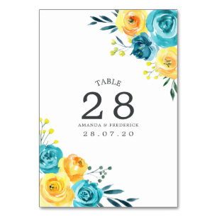 Numéro de table de mariage floral turquoise et jau