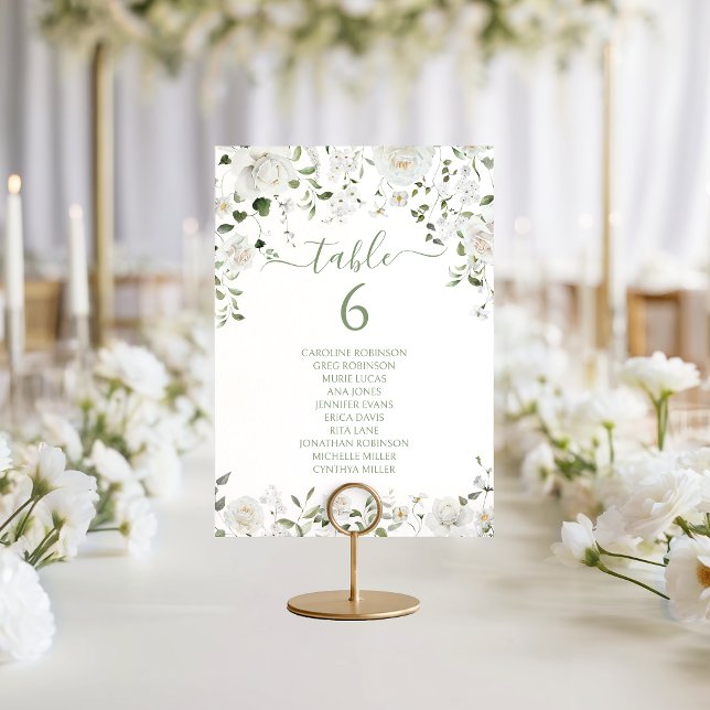 Numéro de table de mariage floral vert blanc moder (Créateur téléchargé)