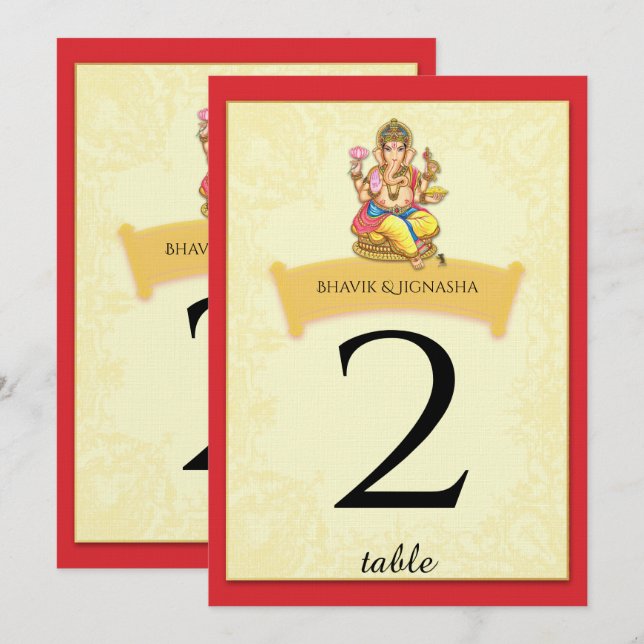 Numéro de table de mariage indien Ganesha (Devant / Derrière)