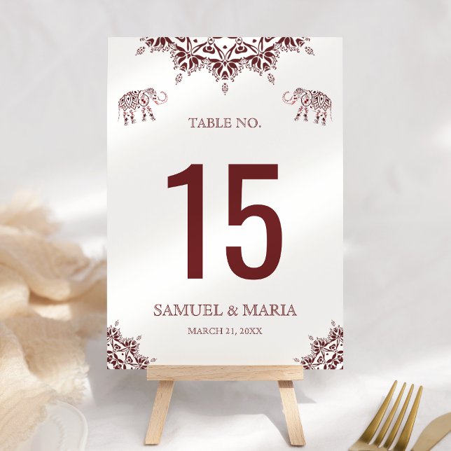 Numéro de table de mariage indien henna bordeaux é (Créateur téléchargé)