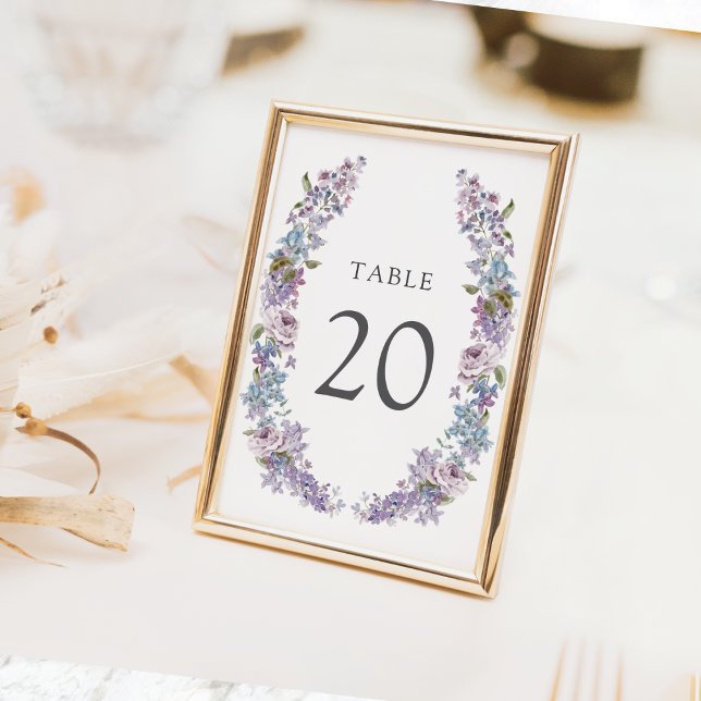 Numéro de table de mariage lilas élégant (Elegant Watercolor Lilac Floral  Wedding Table Number by Painted Paperie
)