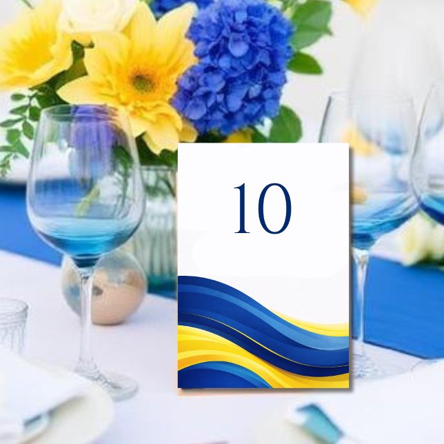 Numéro de table de mariage moderne bleu cobalt et  (Cobalt Blue and Yellow Modern Wedding Table Number)