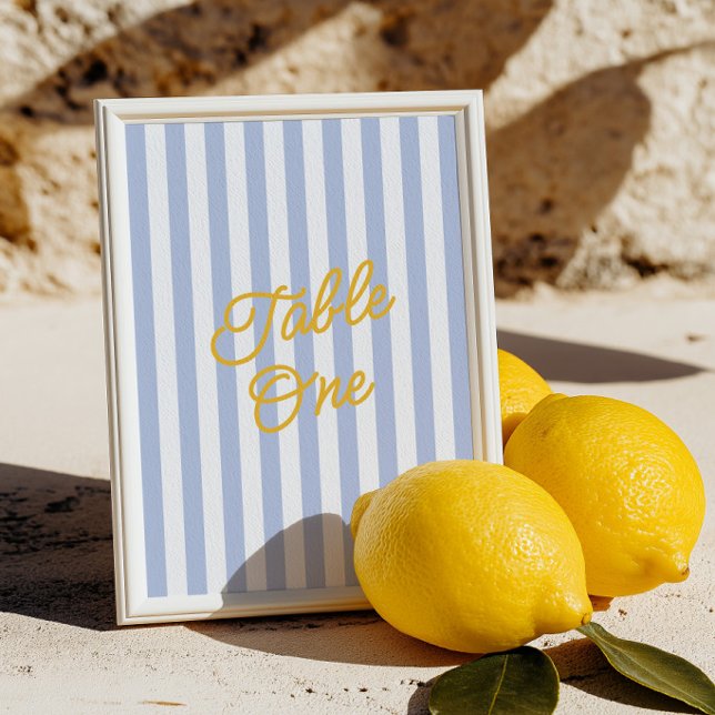 Numéro de table de mariage moderne rayé jaune et b (Modern Yellow & Blue Striped Wedding Table Number)