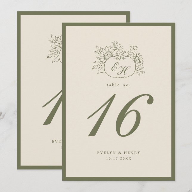 Numéro de table de mariage monogramme olive crème (Devant / Derrière)