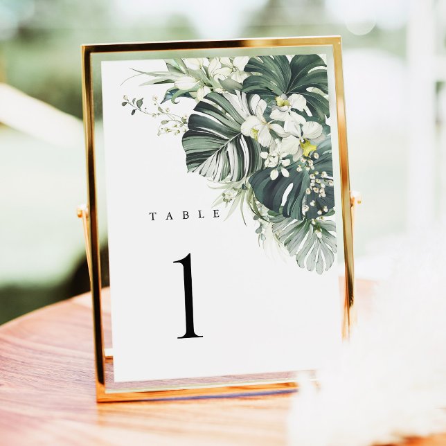 Numéro de table de mariage Monstera Vert Sauge Tro (Tropical Monstera Table Number, Sage Green Beach Wedding Reception, destination gold frame decor)