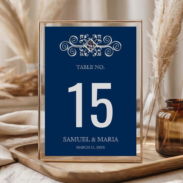 Numéro de table de mariage Navy Blue Silver Flouri (Créateur téléchargé)