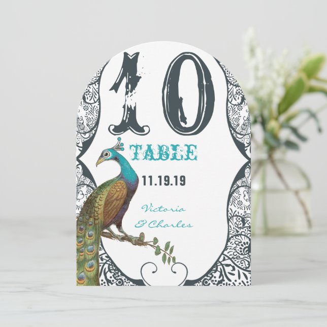 Numéro de table de mariage Navy Whimsical Paon Lov (Debout devant)
