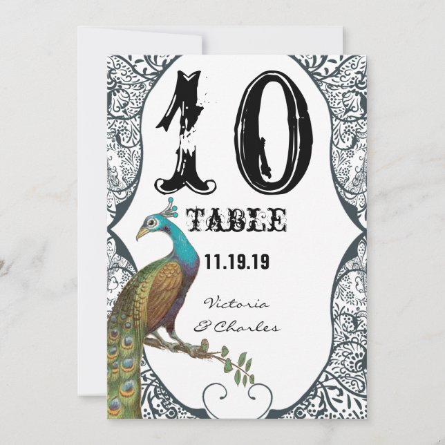 Numéro de table de mariage Navy Whimsical Peacock  (Devant)