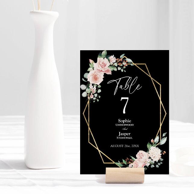 Numéro de table de mariage noir simple floral rose (Créateur téléchargé)