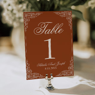 Numéro de table de mariage orange brûlé floral boh