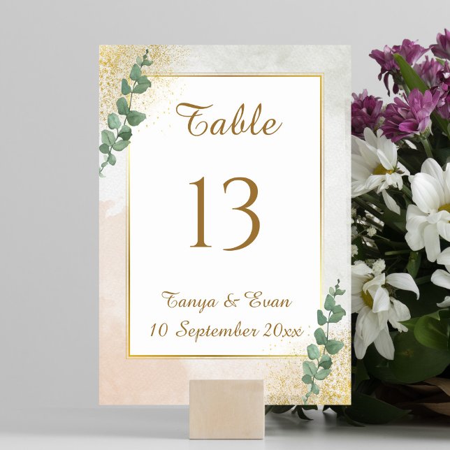 Numéro de table de mariage photo vert et or élégan (Elegant Green & Gold Photo Wedding Table Number (front))