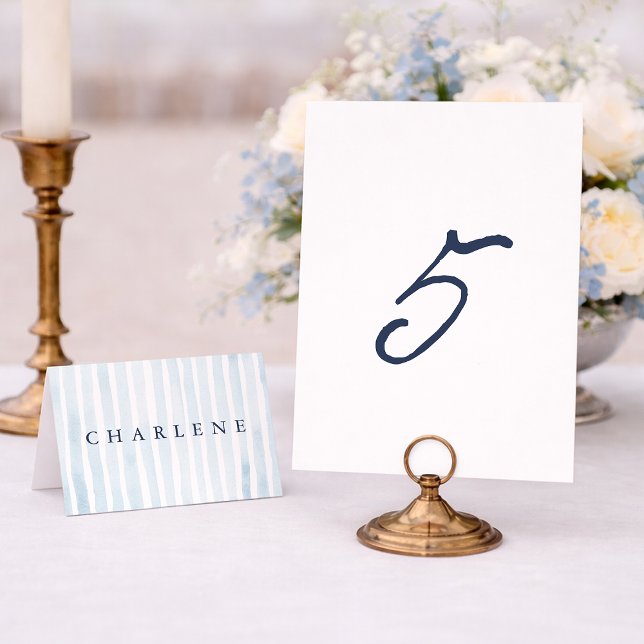 Numéro de table de mariage rayé bleu poussiéreux 5 (Créateur téléchargé)