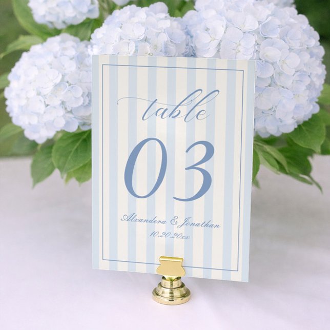 Numéro de table de mariage rayé rétro blanc et ble (Créateur téléchargé)