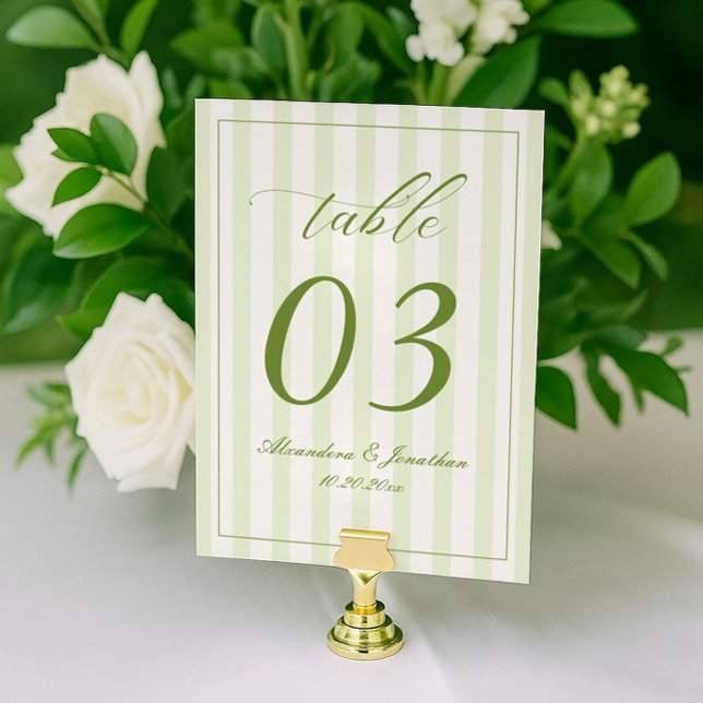 Numéro de table de mariage rayé rétro blanc et ver (Créateur téléchargé)