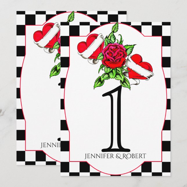 Numéro de table de mariage Rockabilly Hearts Rose (Devant / Derrière)