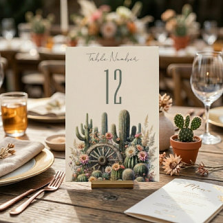 Numéro de table de mariage rustique Cactus et roue