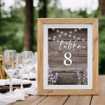 Numéro de table de mariage Rustique Lumières Lavan<br><div class="desc">Rustique et élégant avec du faux bois brun foncé avec des guirlandes lumineuses le long du haut et des fleurs de lavande sur le signe de numéro de table de mariage inférieur.</div>