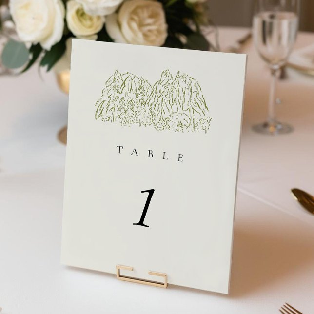Numéro de table de mariage Rustique Yosemite Mount (Rustic Yosemite Mountain Range 5x7" Wedding Table Number)