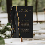 Numéro de table de mariage sombre Black Gold Agate<br><div class="desc">Le bord gauche de cette élégante carte de numéro de table de mariage moderne présente une bordure d'agate à l'aquarelle noire rehaussée de faux strass dorés. Le mot "table" apparaît dans une écriture manuscrite de couleur or sur un fond noir décalé. Ajoutez les noms de vos invités qui sont affectés...</div>