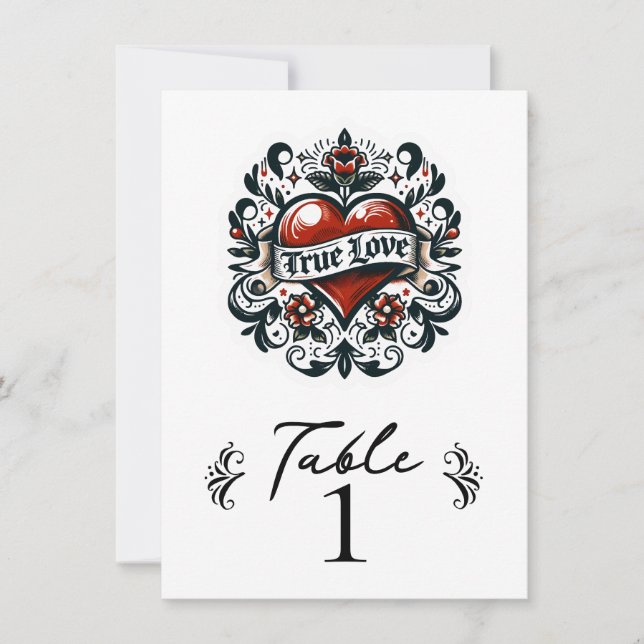 Numéro de table de mariage tatouage coeur d'amour  (Devant)