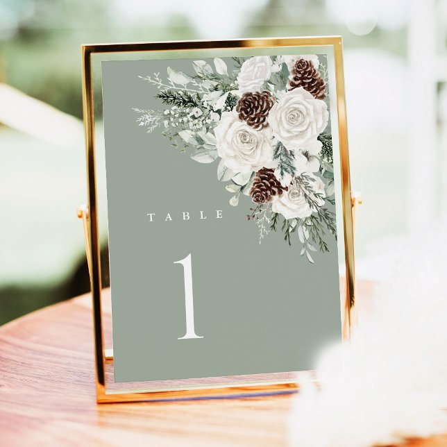 Numéro de table de mariage Vert Sauge Floral Hiver (Sage Green Winter Floral Wedding Table Numbers, Pinecone White Rose Reception Table Number Sign)