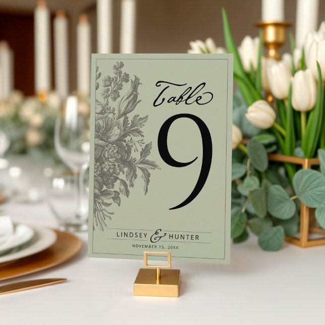 Numéro de table de mariage vert sauge floral vinta (Elegant vintage floral bouquet sage green & black simple wedding reception dinner table number card)