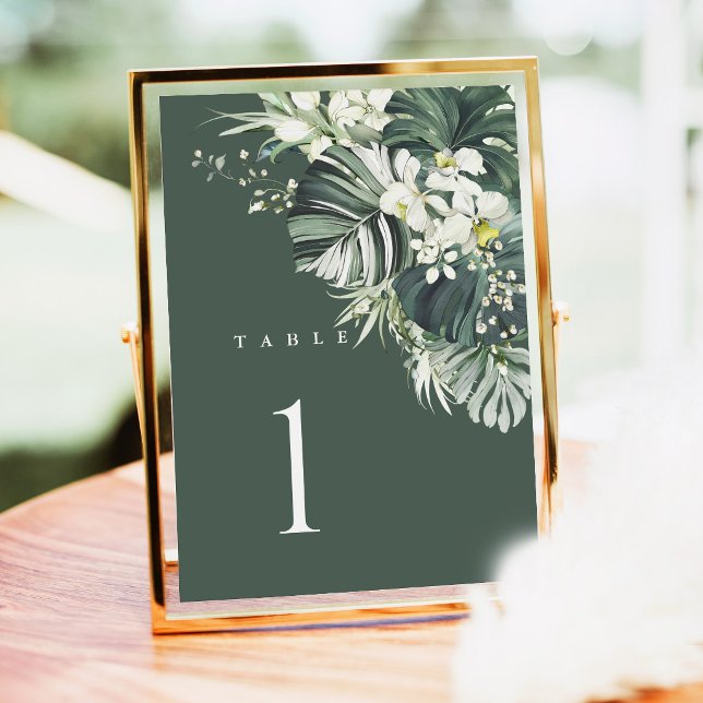 Numéro de table de mariage Vert Sauge Tropical, Mo (Tropical wedding table number card, sage green monstera reception decor, gold frame table numbers)