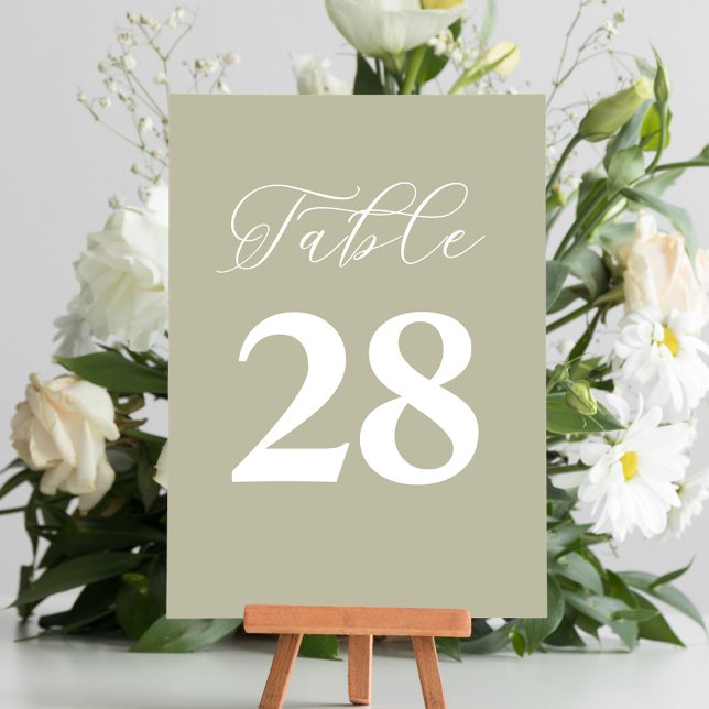 Numéro de table de mariage Vert simple (Wedding sage green table number with calligraphy script. )